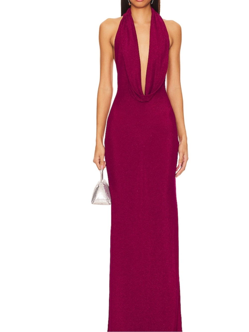 Zara Deep V Neck Shimmering Plum Halter Maxi Dress